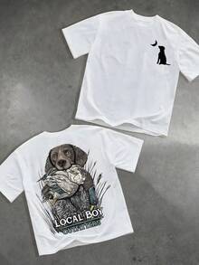 Vintage "Local Boy Outfitters" Hunting Dog Graphic Oversized T-Shirt (220g Cotton T-Shirt) Men Printed T-Shirts, Cotton T Shirt Unisex T-Shirts, Casual And Comfortable To Wear Men's T - Shirt Ideal For Both Casual Outings And Home Relaxation Funny T Shirts - 白色 - 查看 1