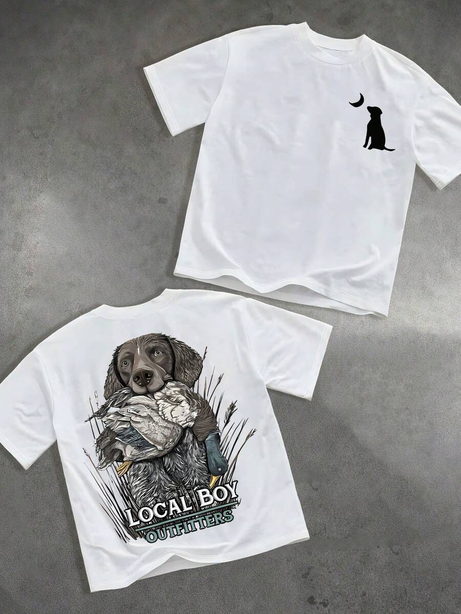 Vintage "Local Boy Outfitters" Hunting Dog Graphic Oversized T-Shirt (220g Cotton T-Shirt) Men Printed T-Shirts, Cotton T Shirt Unisex T-Shirts, Casual And Comfortable To Wear Men's T - Shirt Ideal For Both Casual Outings And Home Relaxation Funny T Shirts - 白色 - 查看 1