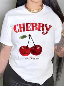 White Cherry Print T-Shirt With CHERRY Happy Have A Nice Day Graphic - Casual Summer Top For Women, Perfect For Daily Wear And Street Style,Graphic T-Shirts, Women's Tops - trắng - Xem 1