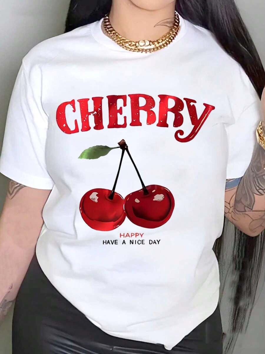 White Cherry Print T-Shirt With CHERRY Happy Have A Nice Day Graphic - Casual Summer Top For Women, Perfect For Daily Wear And Street Style,Graphic T-Shirts, Women's Tops - trắng - Xem 1