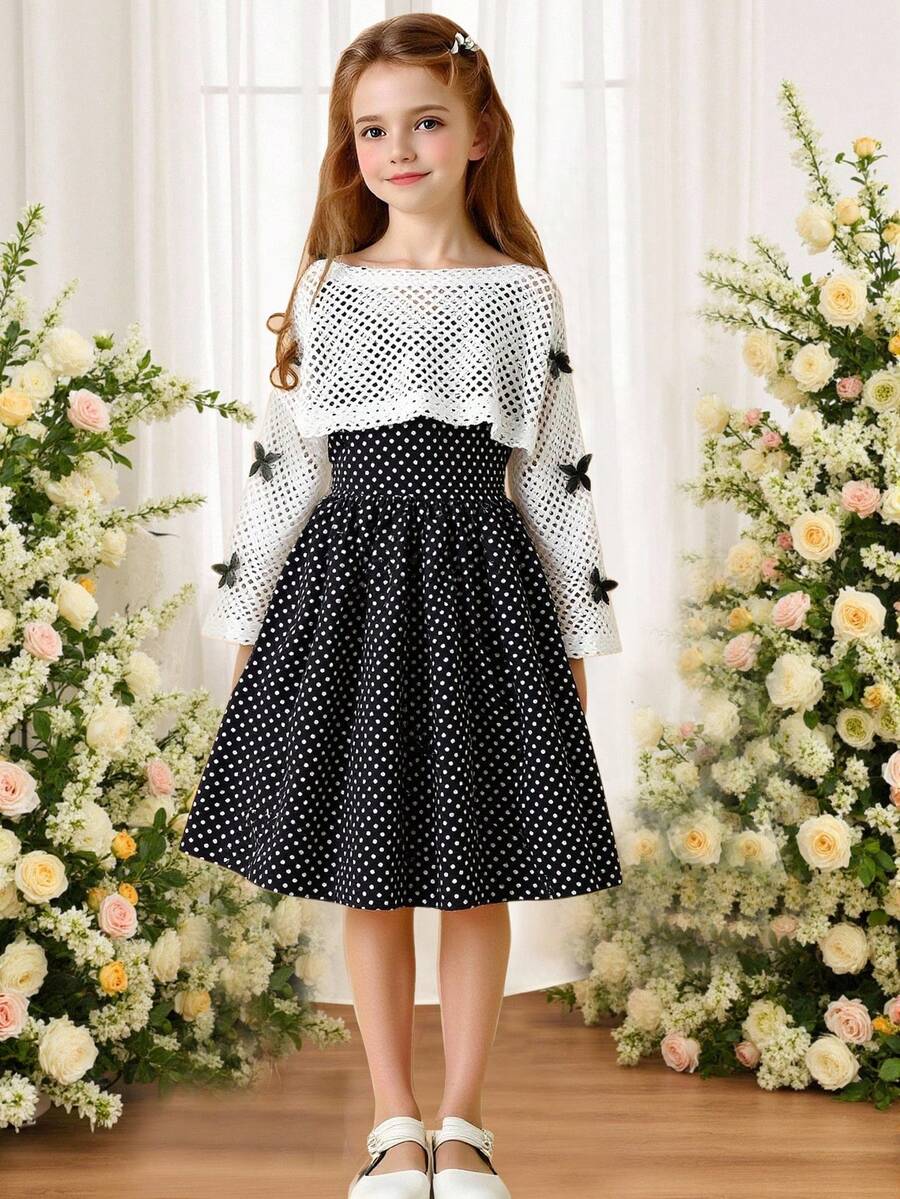 2 件套女孩夏季时尚服装，白色菱形网眼披肩搭配 3D 蝴蝶袖 + 黑色波尔卡圆点吊带裙，时尚休闲套装，适合日常穿着 - 黑色 - 查看 1