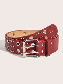 1pc Red Faux Leather Women's Belt, Double Row Hollow Metal Eyelets, Rivet Decor, Y2K Punk Goth Style, Suitable For Dresses, Jeans, Rock Outfits, Party, Casual, Rock, Street, Music Festivals, Winter, Holiday Gift, Christmas