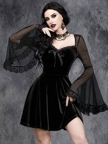 女式哥特式性感万圣节蕾丝拼接女巫袖天鹅绒连衣裙 - 黑色 - 查看 1
