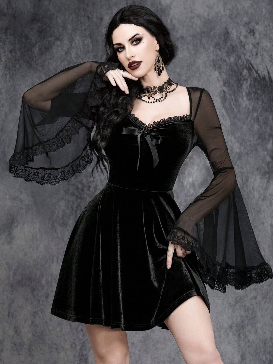 女式哥特式性感万圣节蕾丝拼接女巫袖天鹅绒连衣裙 - 黑色 - 查看 1