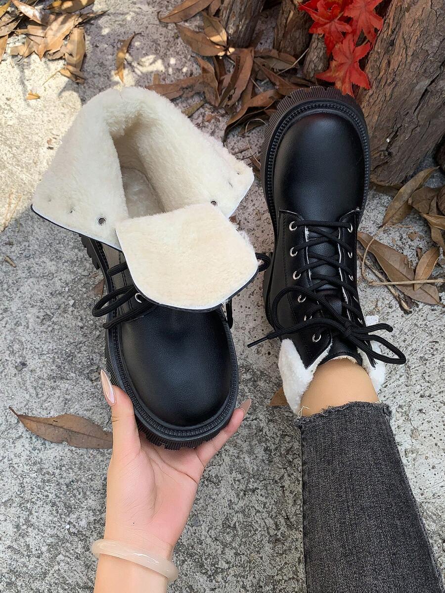 Botas de Cano Curto Femininas com Cadarço, Sola Grossa, Forro Quente, Botas da Moda para Outono/Inverno