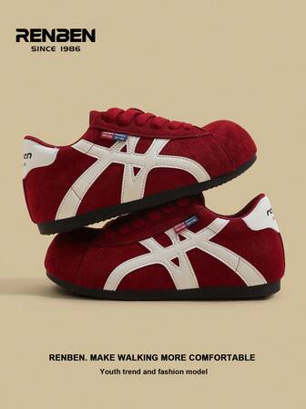 RENBEN 1 par de zapatillas deportivas de plataforma con cordones de estilo retro para mujer, en color block rojo, nuevas para otoño/invierno 2025, de suela ligera y suave, calzado deportivo y casual para estudiantes