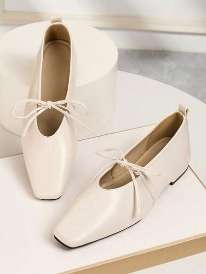 Beige Bow Decor Square Toe Low Block Heel -On Flats, Fashionable, Comfortable, Versatile, New Mary Jane Shoes With Bowknot, Elegant, Hollow-Out, Suitable For Outdoor Wear, All Season