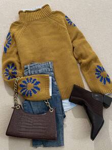 秋冬时尚休闲舒适保暖杏色花朵图案针织高领长袖宽松毛衣套头衫