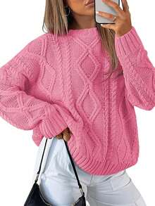 2025  Women's Oversized Cable Knit Crewneck Sweaters - Heather Grey - View 6