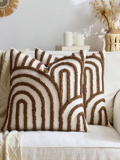 1pc/2pcs Set Semi-Circle Geometric Pattern Pillow Case, Canvas Circle Velvet Embroidery Crafted Square Cushion Cover, For Daily Use In Bedroom, Living Room, Sofa, Yard, Garden Decor, Without Core 30*50cm 45*45cm