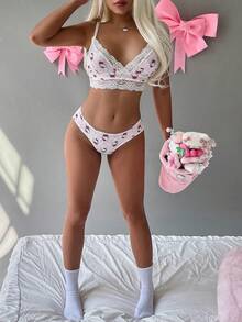 Sanrio 2pcs Women's Contrast Lace  Bra And Panty Set