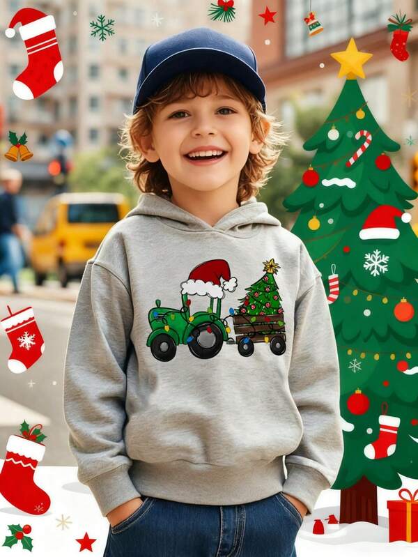 1 pieza Sudadera con capucha con estampado de árbol de Navidad y Papá Noel para niño pequeño, casual, forro térmico de manga larga, otoño/invierno