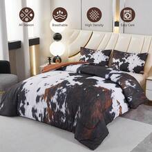 Queen Comforter Set 3 Pieces Cow Print Bedding Set Western Farmhouse Rustic Bed Comforter Set Black White Brown Cowhide Quilt Set - BlackandBrown - View 3
