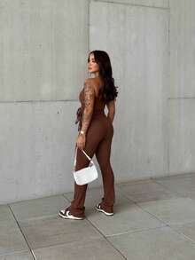 Women's Strapless Set, Pants And Cropped Top, Fashion Blogger Style With Adjustable Side Detail - Màu nâu  Mocha - Xem 2