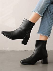 Fall/Winter Stretchy Ankle Boots, New Commuter Style Leather Square Toe Chunky Heel Back Zipper Skinny Boots,Elegant - Black - View 6