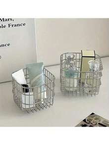 1 件多功能桌面浴室铁丝收纳篮，办公桌化妆口红收纳盒，家用厨房浴室护肤品架 - 銀色 - 查看 9