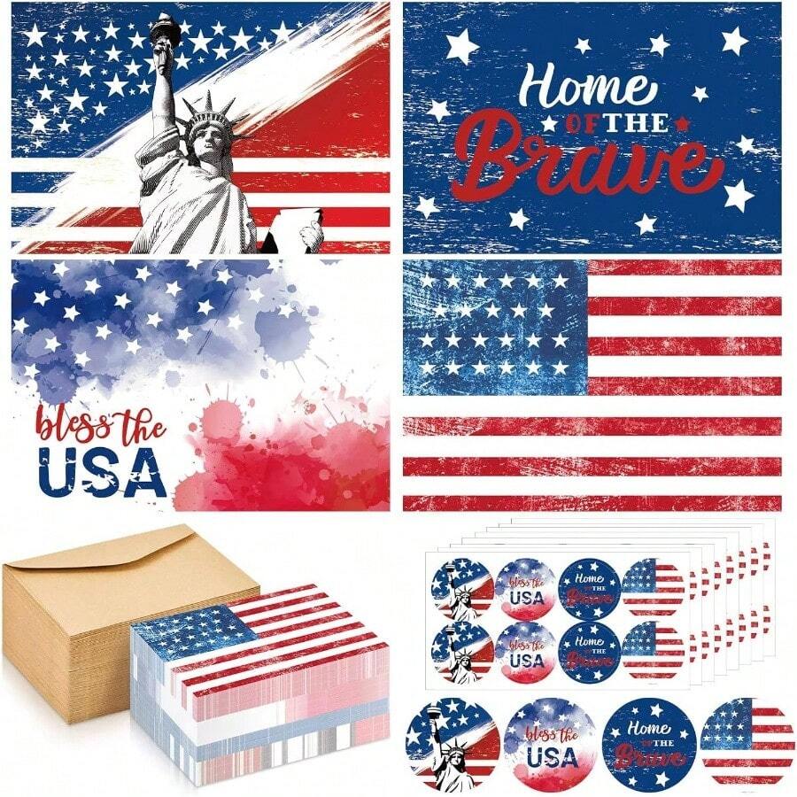 Sets Patriotic Greeting Cards With Envelopes Stickers 4x 6 Inch American Blank Cards USA Thank You Note Postcards Bulk 's Day 4th Of July Memorial Day - 100 - View 1