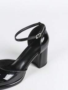 女士黑色圆头玛丽珍鞋，漆皮搭扣，优雅低帮绑带厚底粗跟鞋 - 黑色 - 查看 7