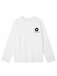 女士宽松休闲圆领长袖 T 恤，带有日本五瓣花印花，适合春秋季节穿着 - 白色 - 查看 6