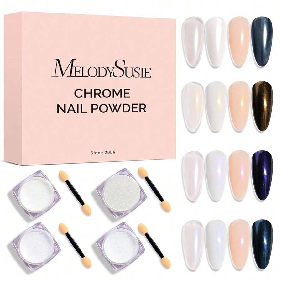 4Pcs Chrome Nail Powder For Gel Nails, Aurora Fine Glitter Powder Mirror Effect Pigment Pearlescent Mermaid Pigment Pearl Glitter For Home DIY Salon Use{"Color_name":"GoldWhitePurpleBlue"} - 金色白色紫色藍色 - 查看 1