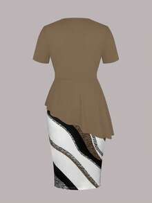 Bộ 2 món áo xanh trơn thanh lịch và chân váy ôm sát gợi cảm dành cho nữ cỡ lớn, mùa hè - Màu Khaki - Xem 5