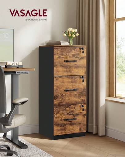 3-Drawer Vertical File Cabinet, Filing Cabinet For Home Office, With 3 Lockable Drawers, Adjustable Hanging Rail, For A4 And Letter-Size Files, Rustic Brown And Black/White