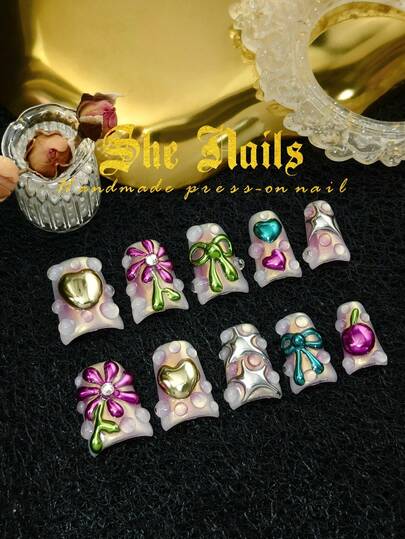 DIY 10pcs Summer New Orange Nails French Nails. 3D Carved Flowers, Pearl, Shell Starfish Decoration Medium Long Almond Shaped Handmade Press On Arylic Nails.