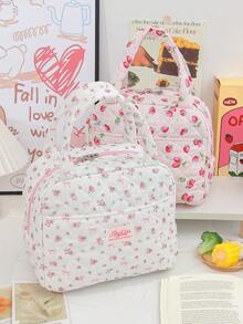 1pc Bow&Floral Lunch Bag Quilted Strawberry Insulated Lunch Bag Bento Bag Fruit Food Storage Bag Tote Lunch Bag Bags Lightweight Reusable Large Capacity Handheld Cooler Tote Bag With Pockets Picnic BagLeakproof Lunch Tote Bag Aesthetic Insulated Cooler Bag Cute Lunch Tote Bags Reusable Insulated Cooler For Work Picnic Or Travel, Thermal Insulated, Each, Camping, Office, Picnic - 彩色 - 查看 5