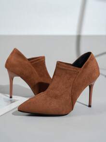 尖头仿鹿角材质优雅细高跟踝靴时尚低帮正式靴女式舒适棕色短靴，尺码偏大一码