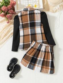 3 件女士优雅秋冬套装：格子背心外套 + 黑色纹理高领上衣 + 格子迷你裙，时尚、优雅，适合休闲和日常穿着 - 黑色 - 查看 3