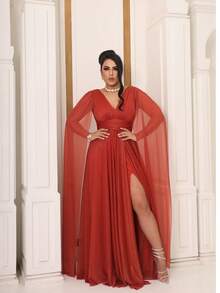 Luxurious Long Dress With Flare Sleeves And Elegant Side Slit For A Timeless Party* - 亮橙色 - 查看 1
