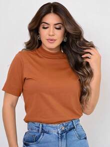 Women's Cotton Funnel Neck T-Shirt With Short Sleeves, Regular Fit - Rỉ Nâu - Xem 4