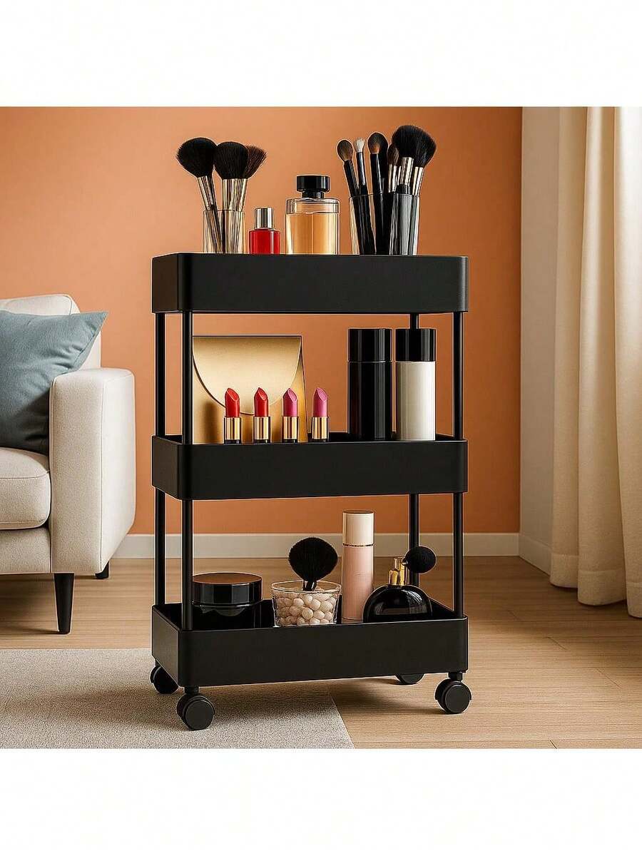 Carrito Organizador de 3 Niveles: Mueble Auxiliar con Ruedas para la Organización de Maquillaje, Skincare, Perfumes, Libros o Artículos de Oficina. - Negro - Ver 1