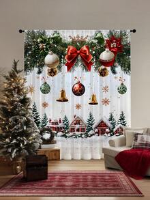 1 buc. Perdea transparentă de Crăciun cu fundă de fulg de zăpadă, material poliester, perdea vaporoasă cu flori aurii de Crăciun, baloane, crengi de pin, brad de Crăciun, potrivită pentru întâlniri de sărbători în sufragerie, petrecere de Crăciun, dormitor, decor de bucătărie, 100g/㎡ decorațiuni de Crăciun decorațiuni de Crăciun decorațiuni de Crăciun decor pentru cameră de acasă decor pentru casă