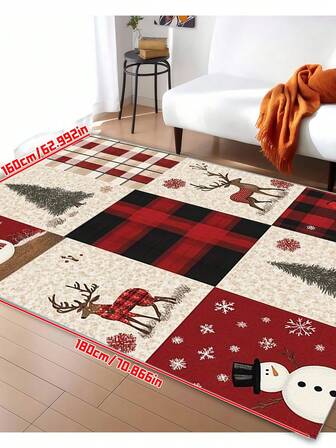 大号、防滑、可洗圣诞快乐地毯，带有圣诞树、雪人和驯鹿图案 - 非常适合客厅、卧室、餐厅和户外装饰、圣诞装饰