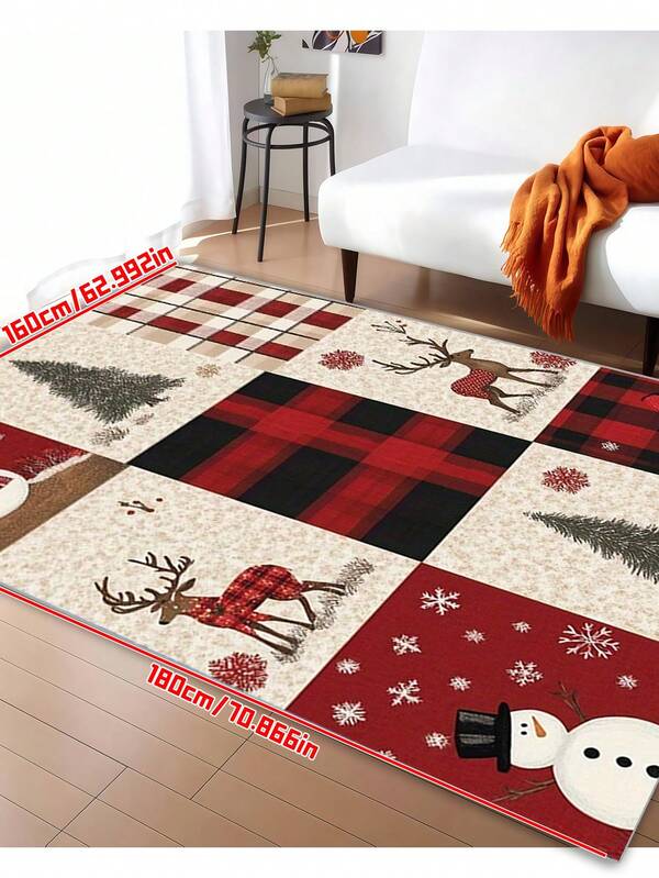 Großer, rutschfester, waschbarer Weihnachtsfreude-Teppich mit Weihnachtsbaum-, Schneemann- und Rentier-Design - ideal für Wohnzimmer, Schlafzimmer, Esszimmer und Outdoor-Dekoration, Weihnachtsdekoration