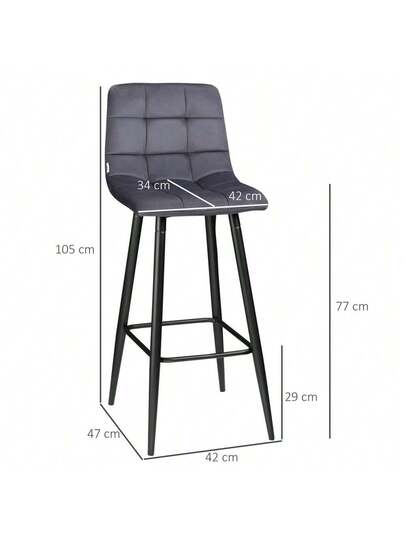 Set Of Bar Stools The Kitchen, Moderne Fluwelen Upholstery Steel Legs, Non Slip Foot Caps, Up To 120 Kg, 42 47 105 Cm, Grijs view 3
