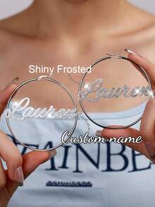 70mm Round Hoop Earrings Customized Name Earrings, Fashionable Personalized Bohemian Style Stainless Steel Gold Cursive Letter Handmade Exaggerated Hoop Earrings, Party Jewelry Birthday Holiday Gift For Her, Christmas Present - Silver-sandblasting - View 2