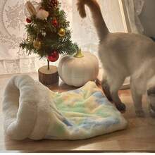1 件全新猫咪四季洞穴、猫隧道睡袋、色彩鲜艳的毛绒睡袋、加厚双面羊毛猫睡袋、猫垫沙发温暖舒适的厚睡袋、冬季保暖、半封闭式猫床，适用于猫咪和小型犬 - 彩色 - 查看 8