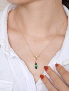 1 peça S925 Prata Esterlina Versátil Moderno Folha de Bambu Gota D'água Pedra Verde Pingente Colar, Vintage Elegante para Mulheres, Adequado para Uso Diário, Feriados, Festas, Joias Presente