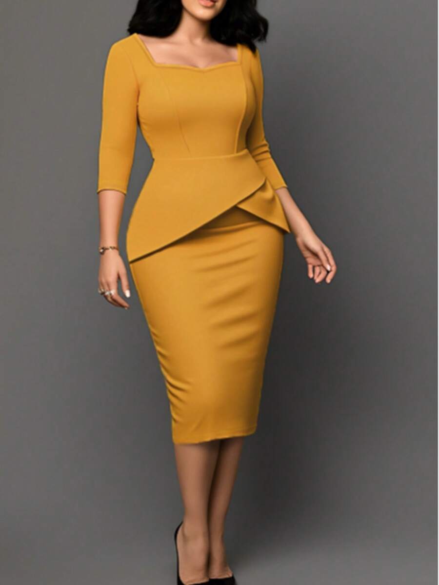 NOU 女士复古荷叶边不对称领口七分袖铅笔裙连衣裙 – 适合鸡尾酒会和办公室/工作场合 - 黃色 - 查看 1