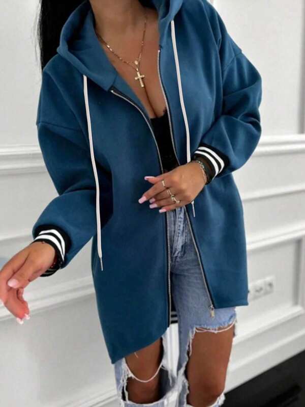 Nuevo chaqueta de punto con cremallera para otoño/invierno, abrigo con capucha con cordón, bolsillos y bloques de color a rayas para mujeres de talla grande