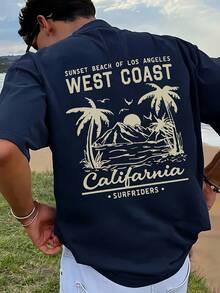 Men's 100% Cotton Vintage California Beach Surf T-Shirt - White Retro Print With West Coast And Malibu Lettering, Casual Short Sleeve Crew Neck For Relaxed Looks & Kite Or Board Rides, Soft Breathable Fabric Machine Wash, Great Relaxed Fit With Nautical Theme Ideal For Days At The Seaside - 藏蓝色 - 查看 1