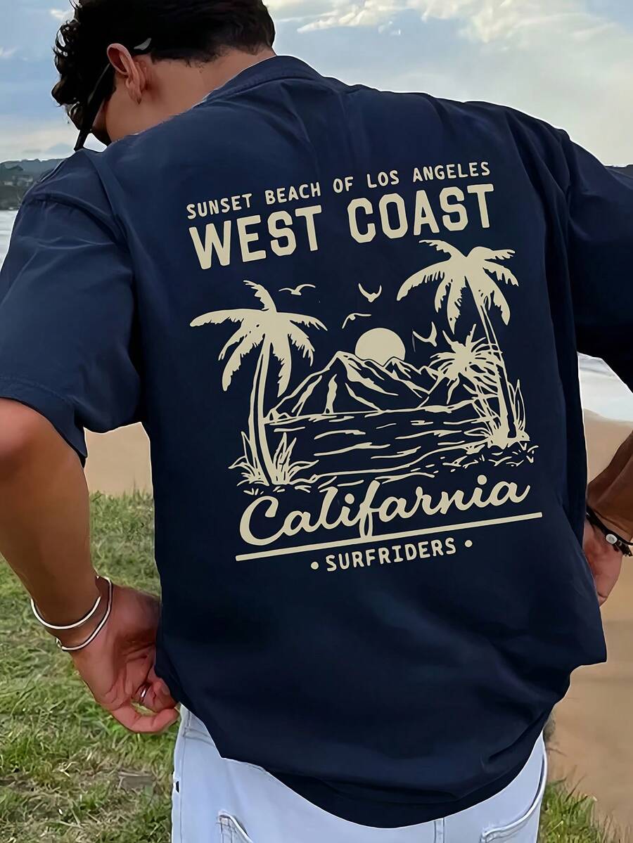 Men's 100% Cotton Vintage California Beach Surf T-Shirt - White Retro Print With West Coast And Malibu Lettering, Casual Short Sleeve Crew Neck For Relaxed Looks & Kite Or Board Rides, Soft Breathable Fabric Machine Wash, Great Relaxed Fit With Nautical Theme Ideal For Days At The Seaside - 藏蓝色 - 查看 1