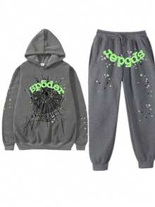 Spider Web Fashion Hip-Hop Printed Flower Hoodie, European And American Brand Large-Sized Loose Men's And Women's Hooded Sweatshirt Set - 灰色 - 查看 1