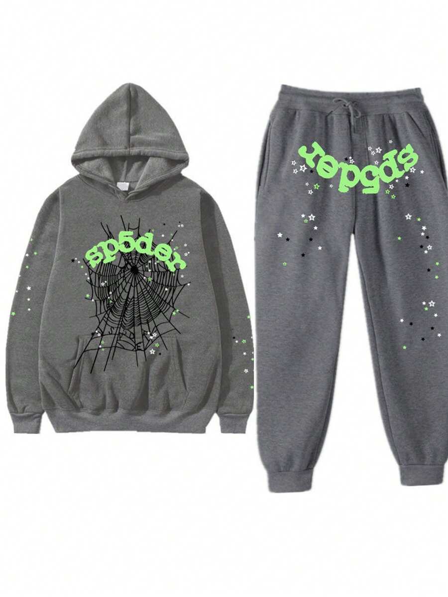 Spider Web Fashion Hip-Hop Printed Flower Hoodie, European And American Brand Large-Sized Loose Men's And Women's Hooded Sweatshirt Set - 灰色 - 查看 1