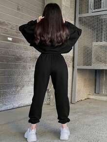 New European And American Style Los Angeles Letter Print Dark Blue Sweatshirt And Sweatpants Set For Women, Autumn And Winter With Fleece, Loose And Casual Two Pieces Sportswear. The Style Leans Towards Street Casual And American Campus Fashion, Combining Comfort And Fashion. A Must-Have Item For Valentine's Day, Suitable For Dates And Parties. - Black - View 3