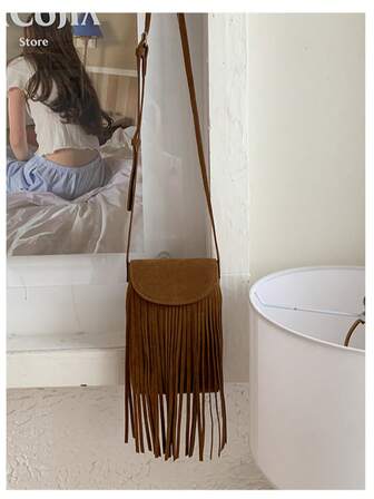 Sac bandoulière à franges bohème, Pochette de téléphone en suède vintage minimaliste à double face, Sac à épaule léger et pratique