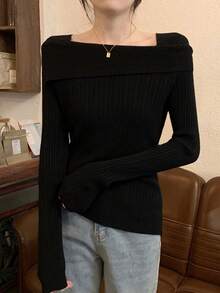 Áo len dệt kim cắt ngẫu nhiên, vai trần, thiết kế độc đáo, cổ áo tôn dáng, đa năng cho mùa thu, xuân. - màu đen - Xem 3