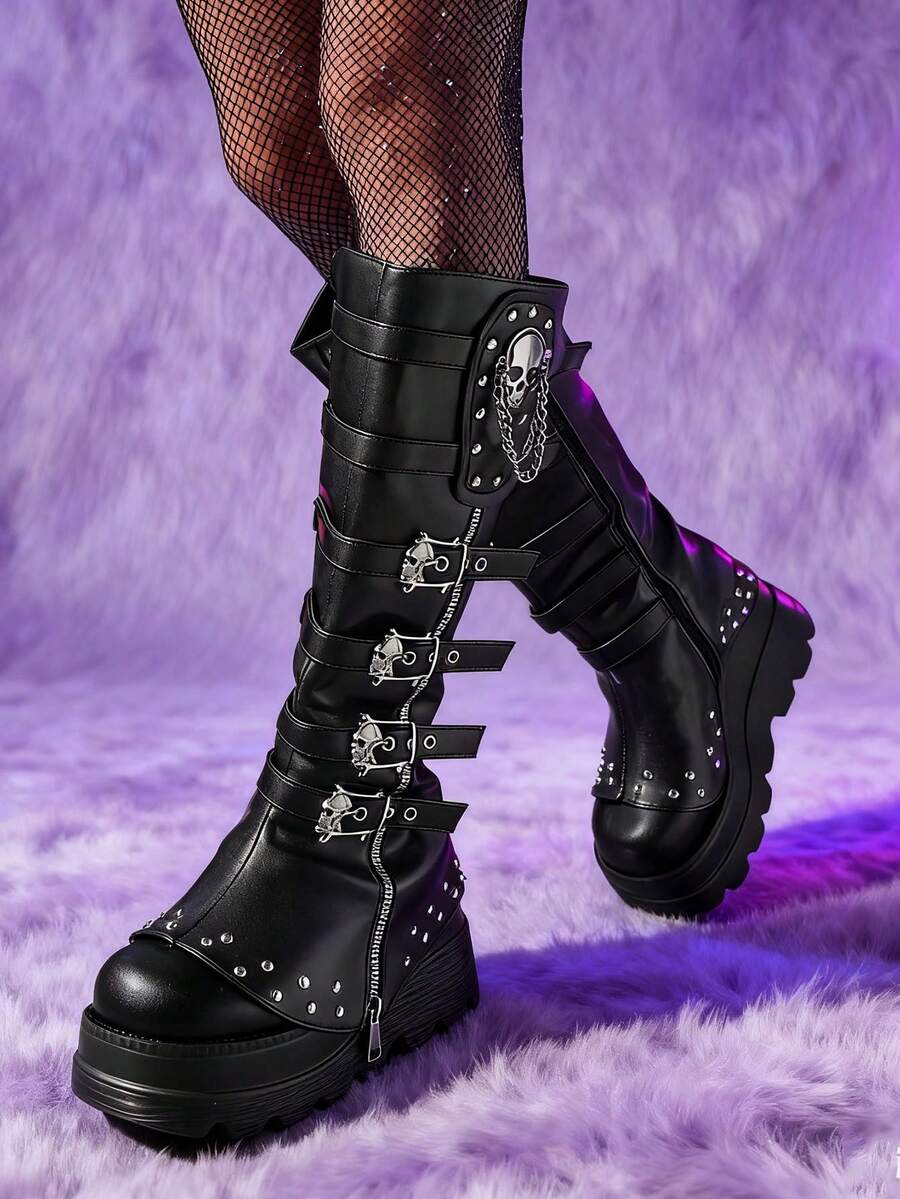 Women Wedge Punk Mid Calf Boots Ladies Shoes Platform Knee High Goth Boots With Chain Zipper Buckle Decor Chunky Heel Combat Boots ALL Season Outdoor Footwear - 黑色 - 查看 1